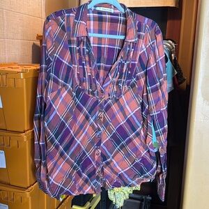 Maurices Button Down Plaid Ruffle Plus Size Top Orange Purple Size 3 (22W/24W)